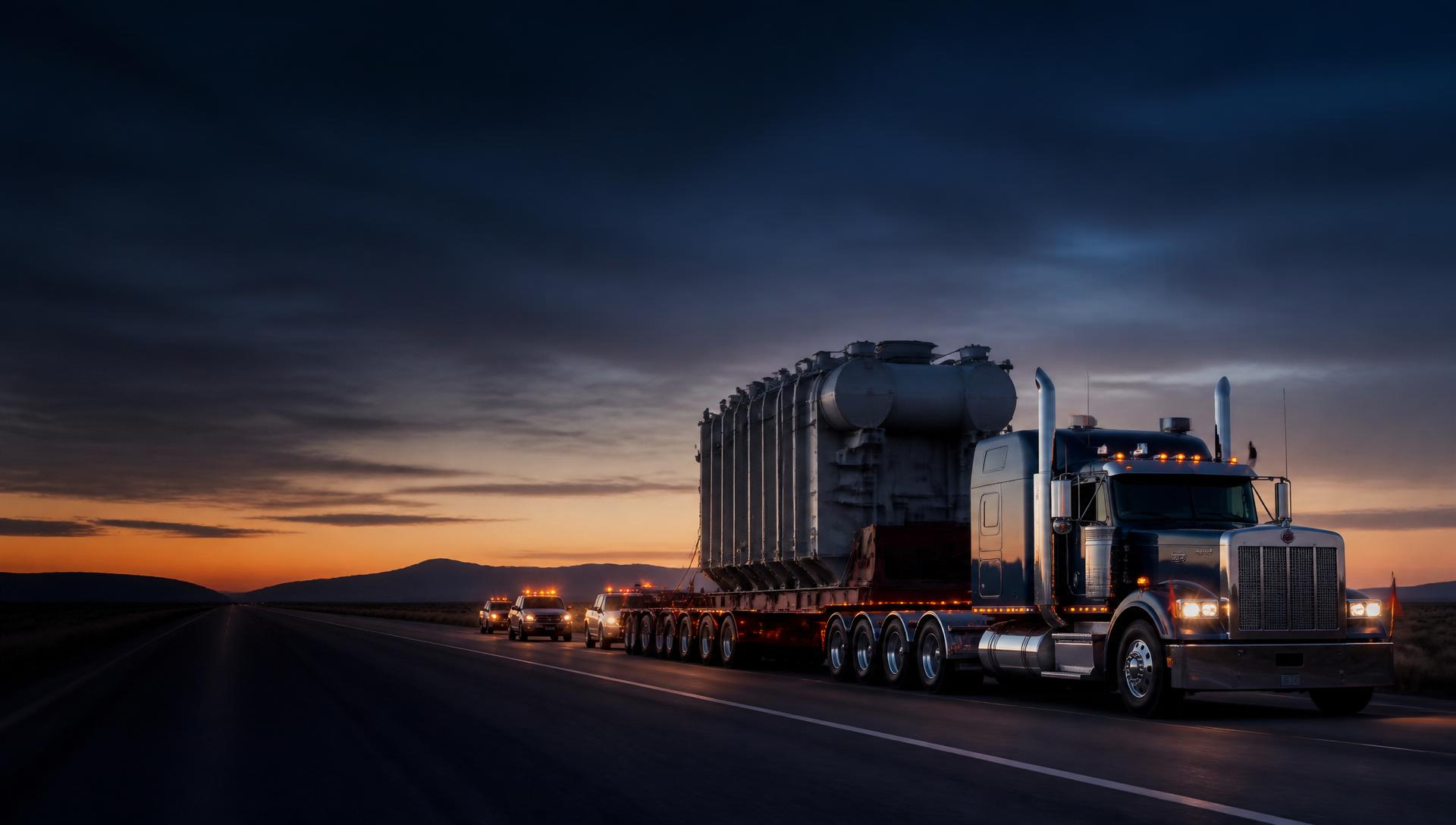 Oversized equipment convoy traveling with a pilot escort vehicle behind the heavy haul load
